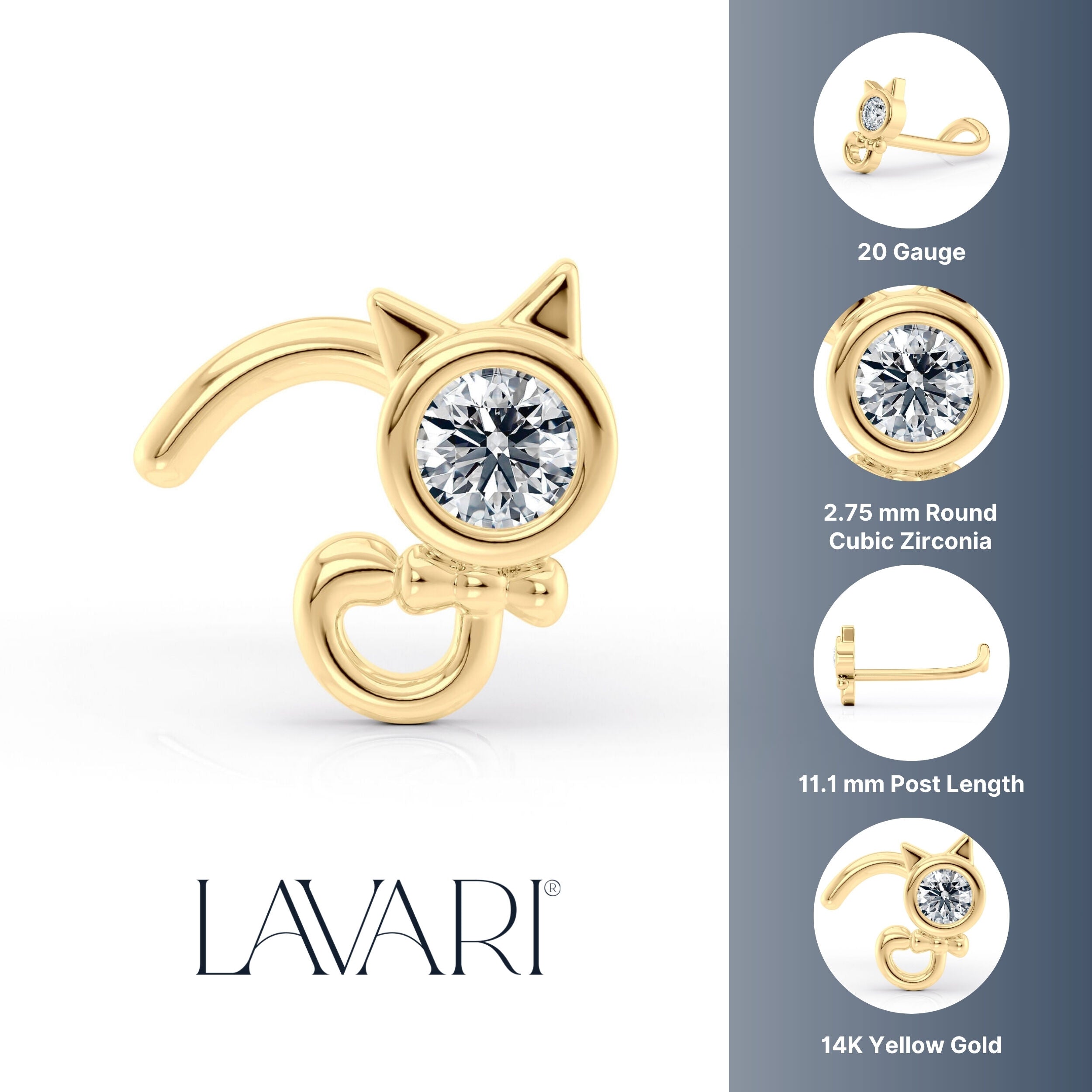 14K Cat Cubic Zircoia Curved Nose Ring - 20G