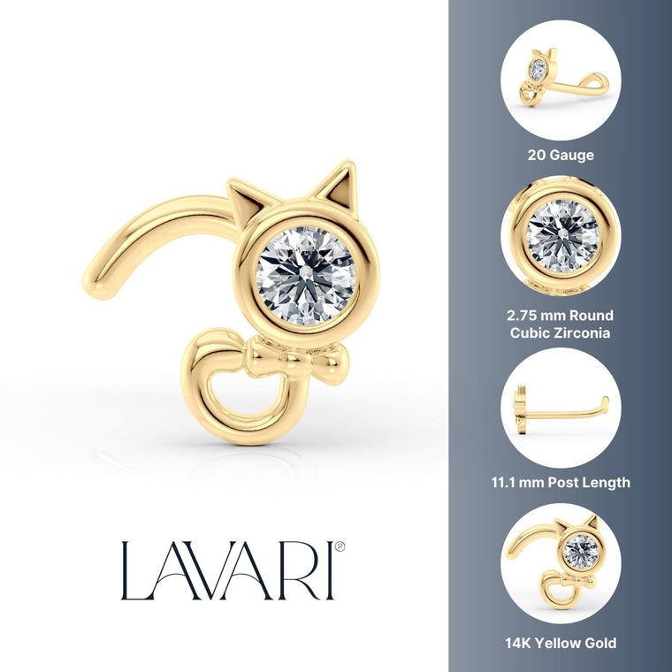 14K Cat Cubic Zircoia Curved Nose Ring - 20G