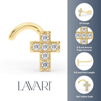 14K Cross CZ Curved Nose Ring - 20G