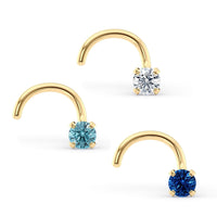 14K Blue and White CZ Curved Nose Ring Set - 20G