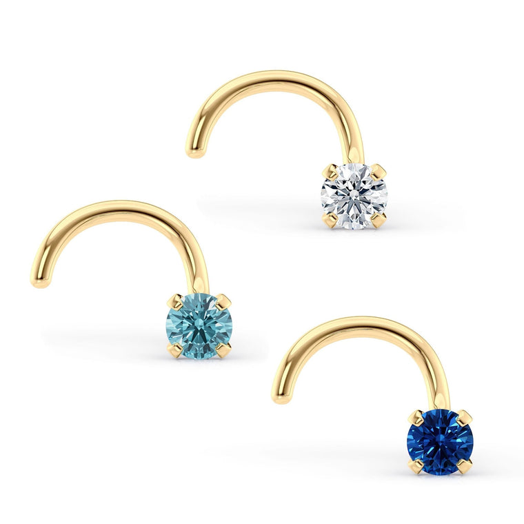 14K Blue and White CZ Curved Nose Ring Set - 20G