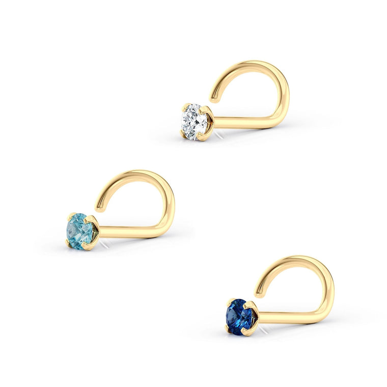 14K Blue and White CZ Curved Nose Ring Set - 20G