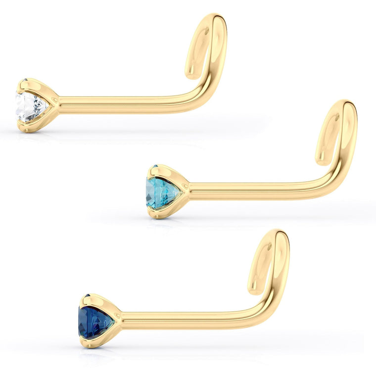 14K Blue and White CZ Curved Nose Ring Set - 20G