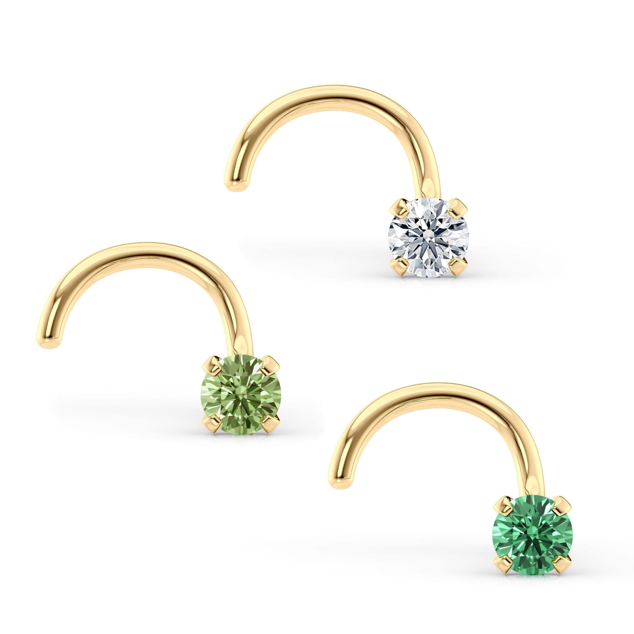14K Green CZ Curved Nose Ring - 20G