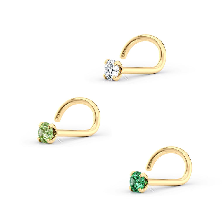 14K Green CZ Curved Nose Ring - 20G