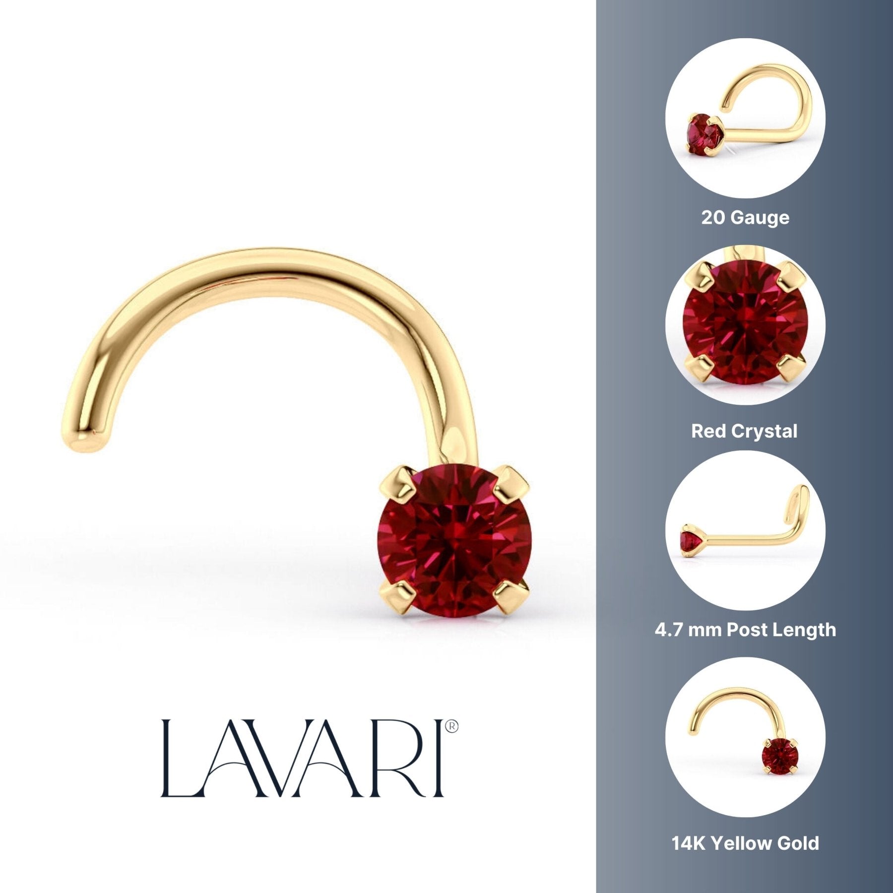 14K Red Crystal Curved Nose Ring - 20G