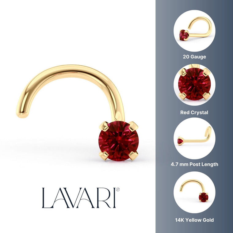 14K Red Crystal Curved Nose Ring - 20G