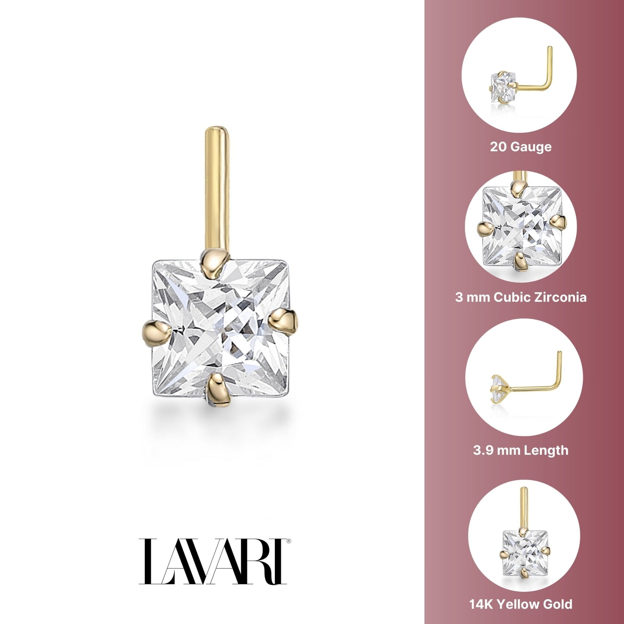 14K L-Shaped Cubic Zirconia Nose Ring - 20G