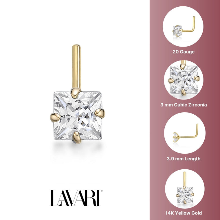 14K L-Shaped Cubic Zirconia Nose Ring - 20G