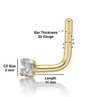 14K Gold L-Shaped Cubic Zirconia Nose Ring - 22G