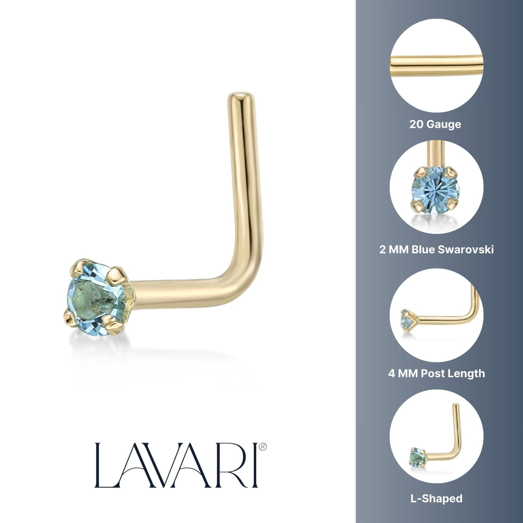 14K L-Shaped Swarovski Nose Stud - 20G