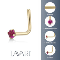 14K L-Shaped Swarovski Nose Stud - 20G