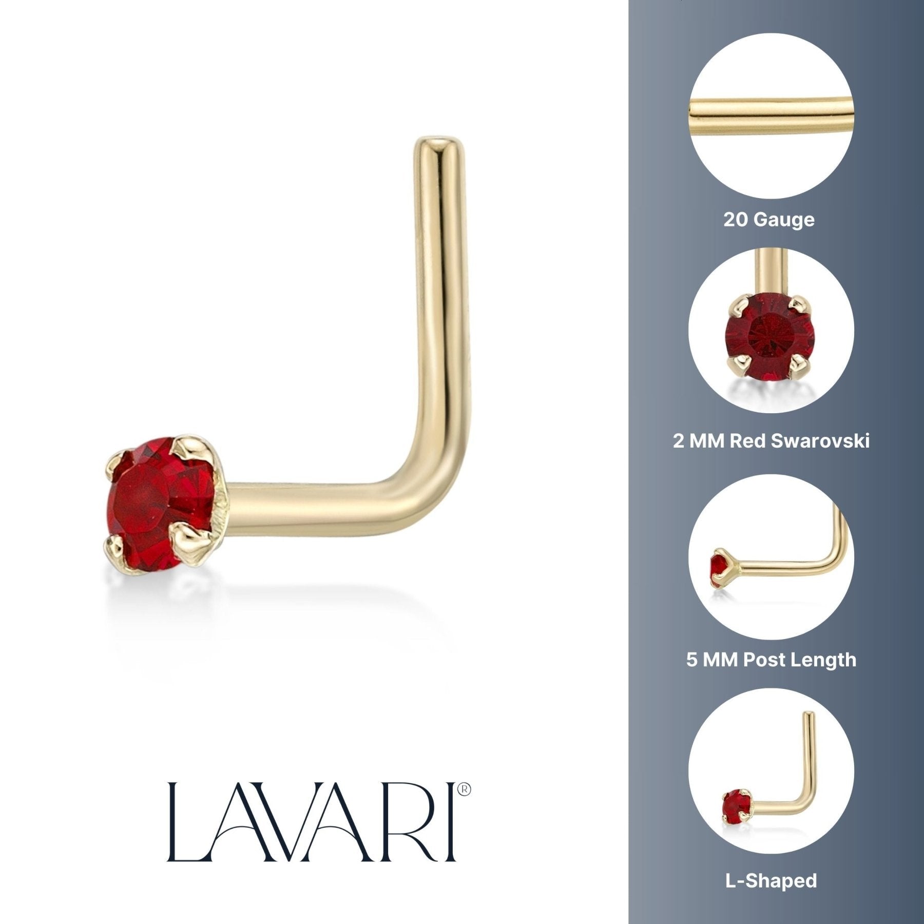 14K L-Shaped Swarovski Nose Stud - 20G