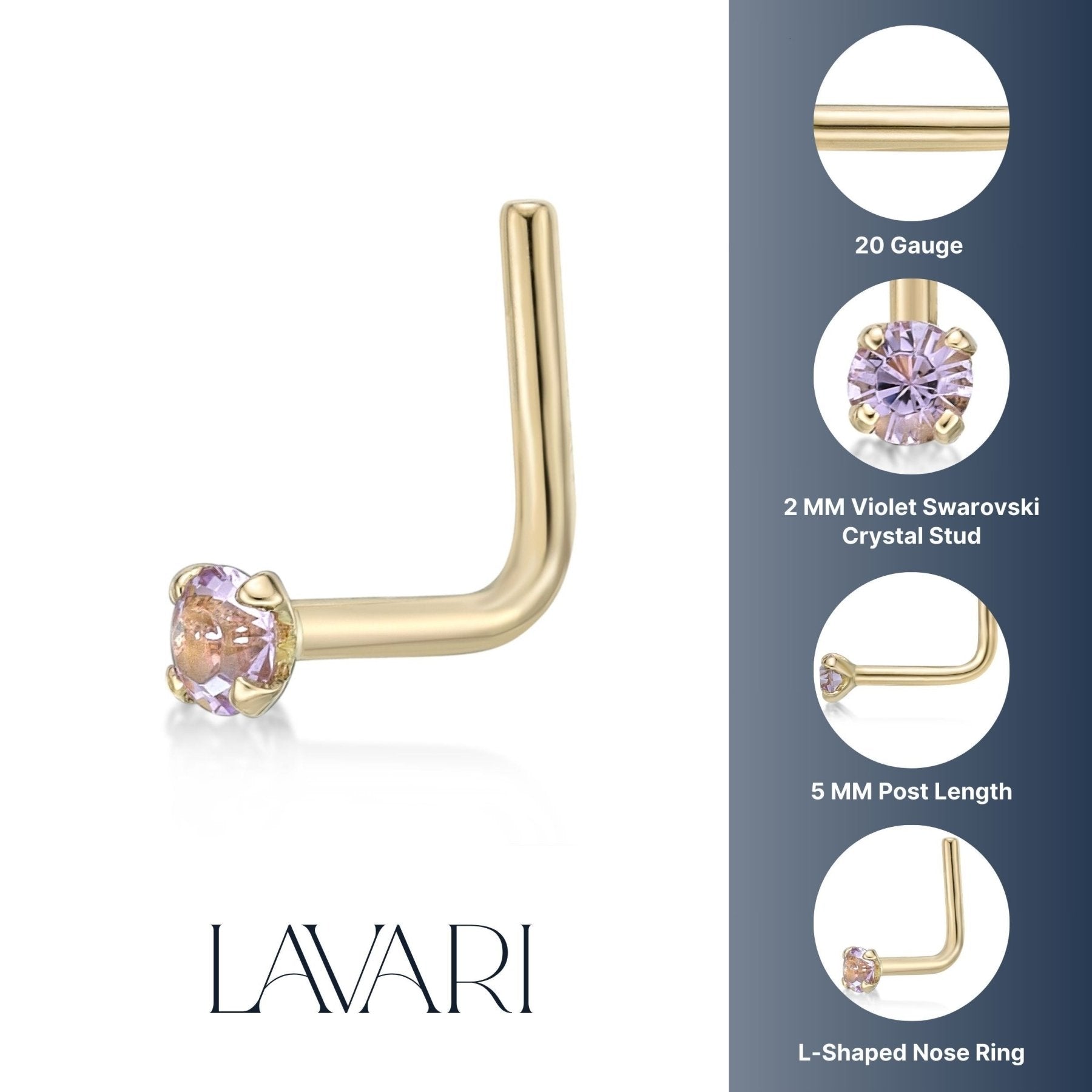 14K L-Shaped Swarovski Nose Stud - 20G