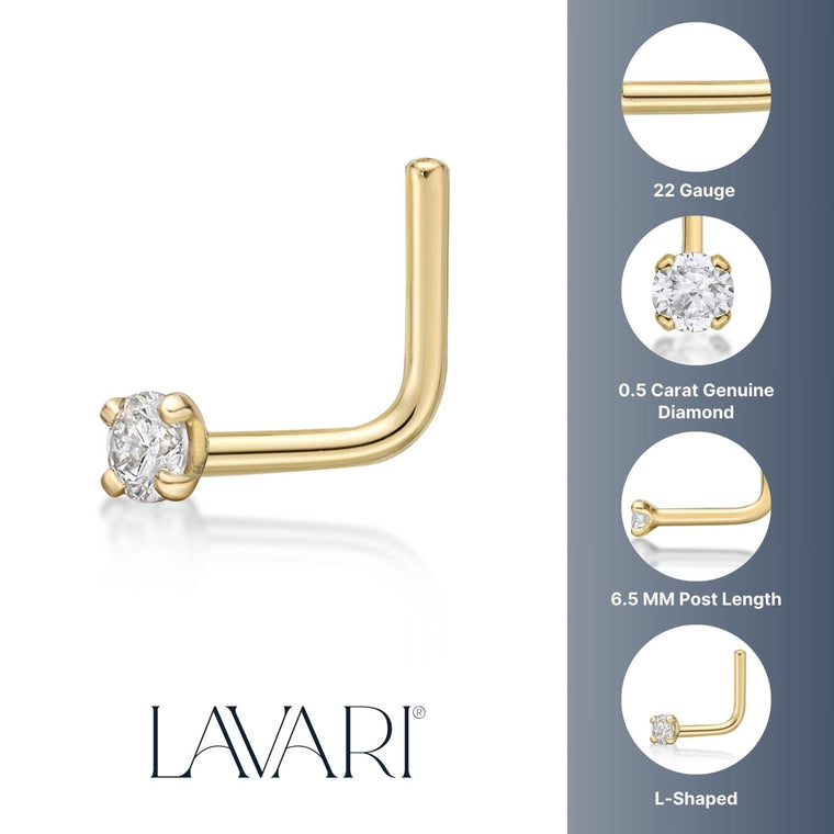 14K L-Shaped Diamond Nose Stud - 22G