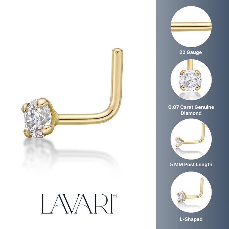 14K L-Shaped Diamond Nose Stud - 22G
