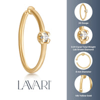14K Gold 0.01 Carat Lab Grown Diamond Nose Hoop - 20G