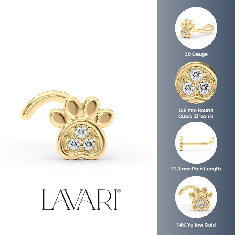 14K Paw Pad Cubic Zirconia Curved Nose Ring - 20G