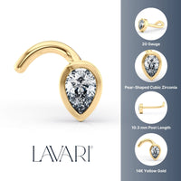14K Teardrop Cubic Zircoia Curved Nose Ring - 20G