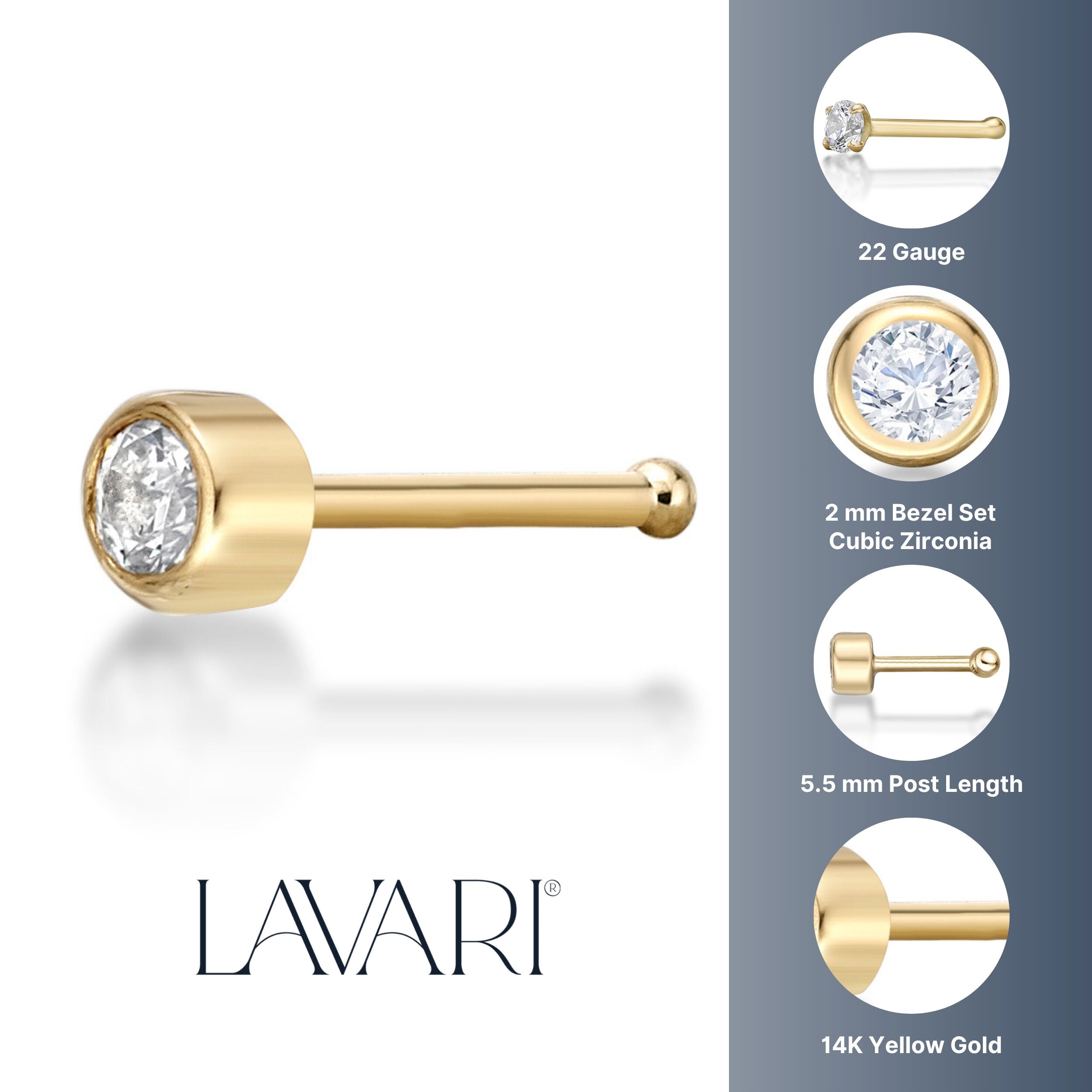 14K Gold Bezel Set Cubic Zirconia Nose Stud - 22G