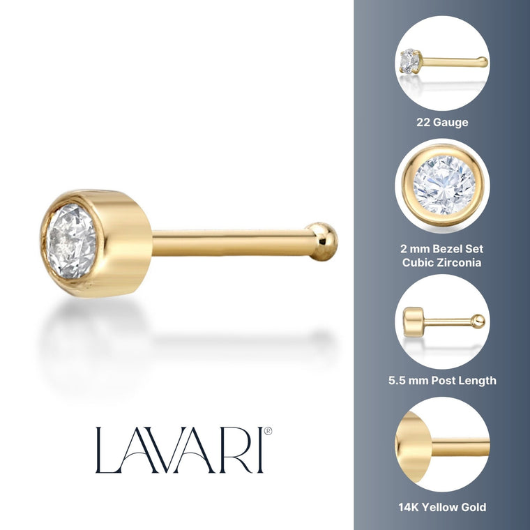14K Gold Bezel Set Cubic Zirconia Nose Stud - 22G