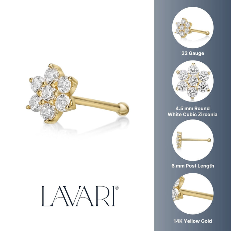 14K Gold Flower Cubic Zirconia Nose Stud - 22G