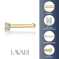 14K Gold Straight Bone Diamond Nose Ring - 20G