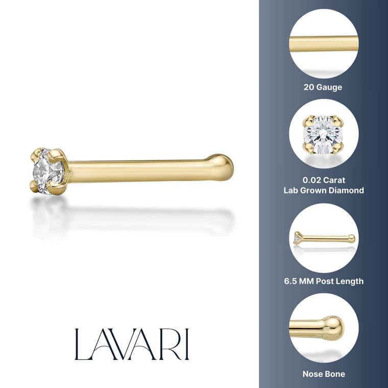 14K Gold Straight Bone Diamond Nose Ring - 20G