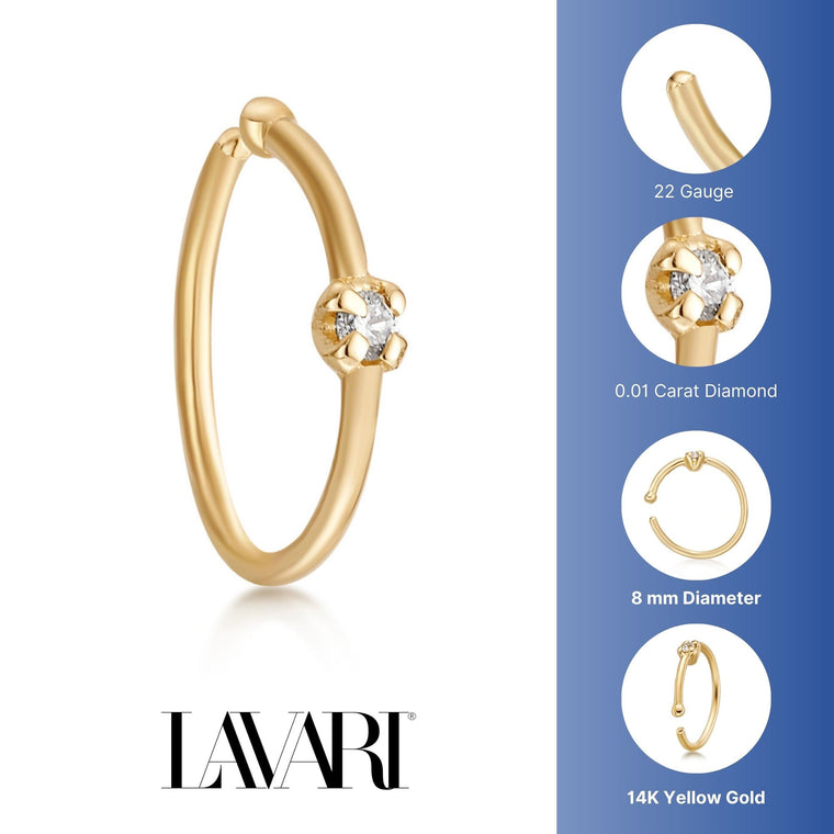14K Gold Diamond Nose Hoop - 22G