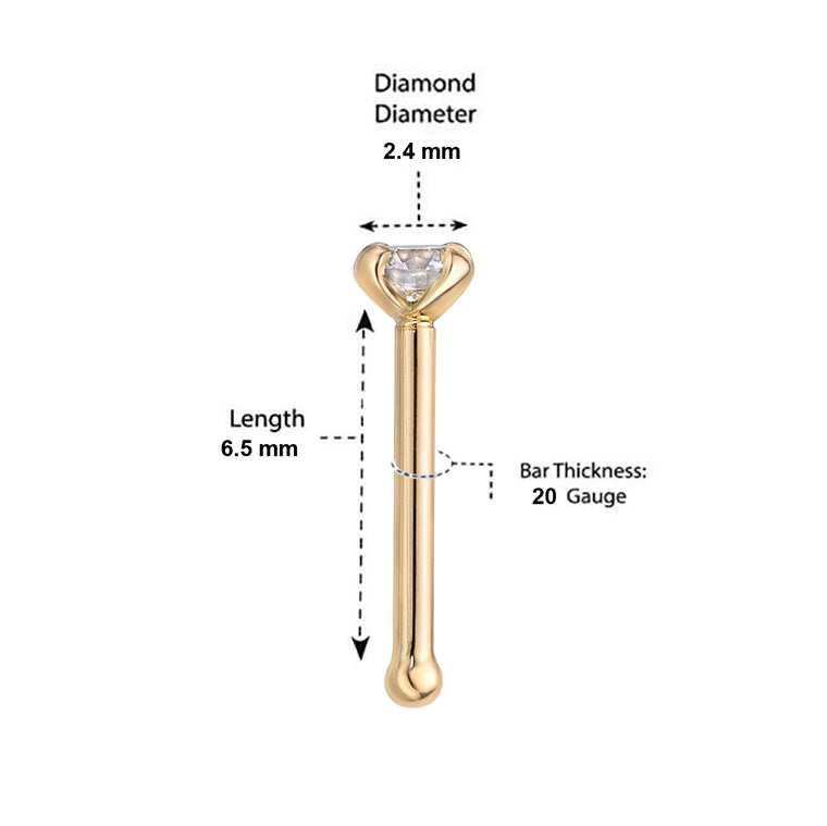 14K Gold Straight Bone Diamond Nose Stud - 22G