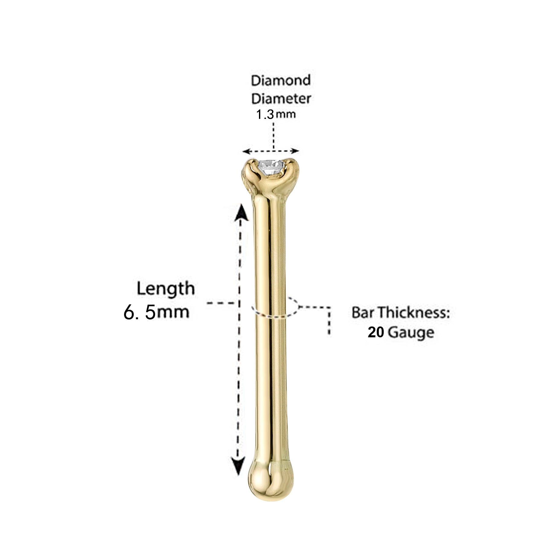 14K Gold Straight Bone Diamond Nose Stud - 22G