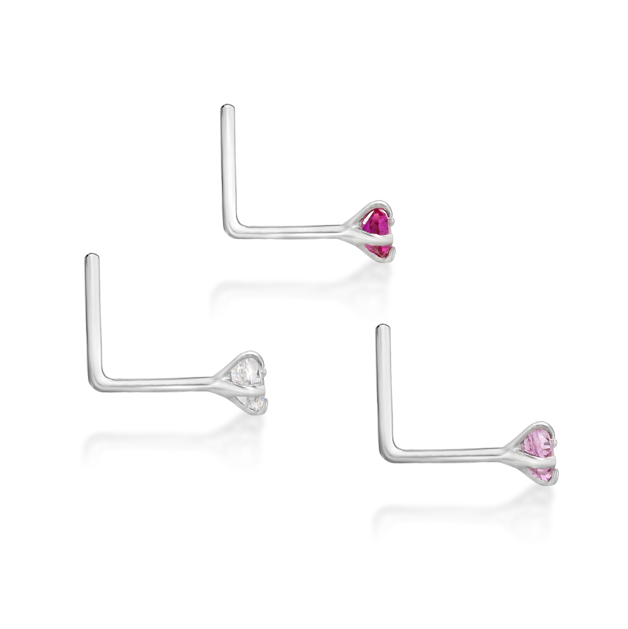 14K Gold L-Shaped Cubic Zirconia Nose Ring Set - 22G