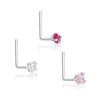14K Gold L-Shaped Cubic Zirconia Nose Ring Set - 22G