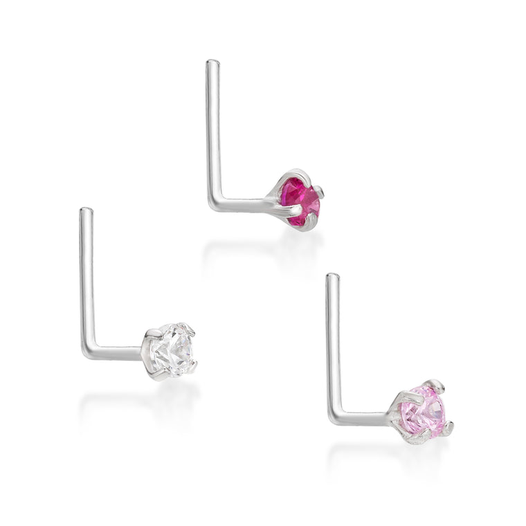 14K Gold L-Shaped Cubic Zirconia Nose Ring Set - 22G