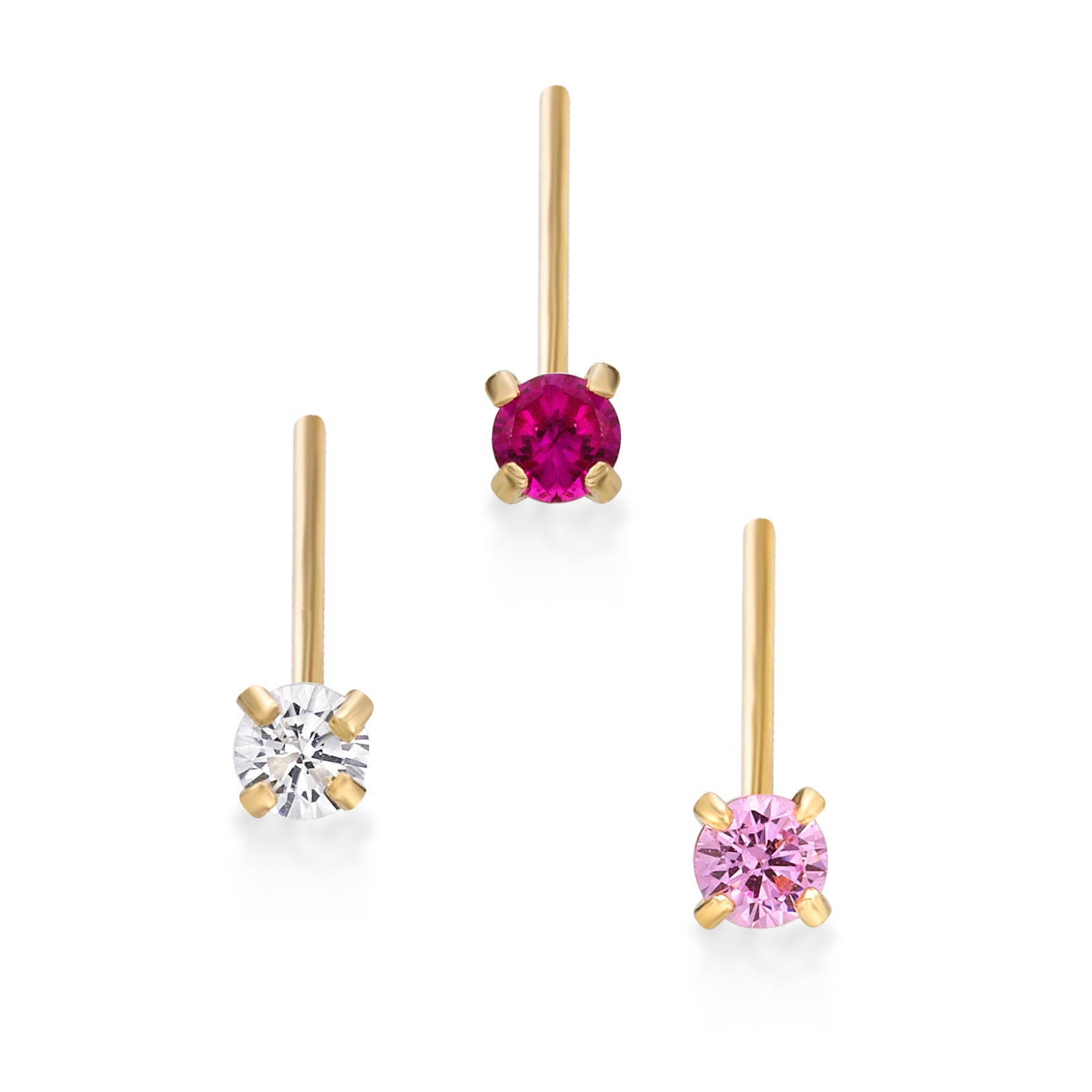 14K Gold L-Shaped Cubic Zirconia Nose Ring Set - 22G