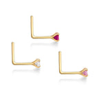 14K Gold L-Shaped Cubic Zirconia Nose Ring Set - 22G