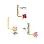 14K Gold L-Shaped Cubic Zirconia Nose Ring Set - 22G