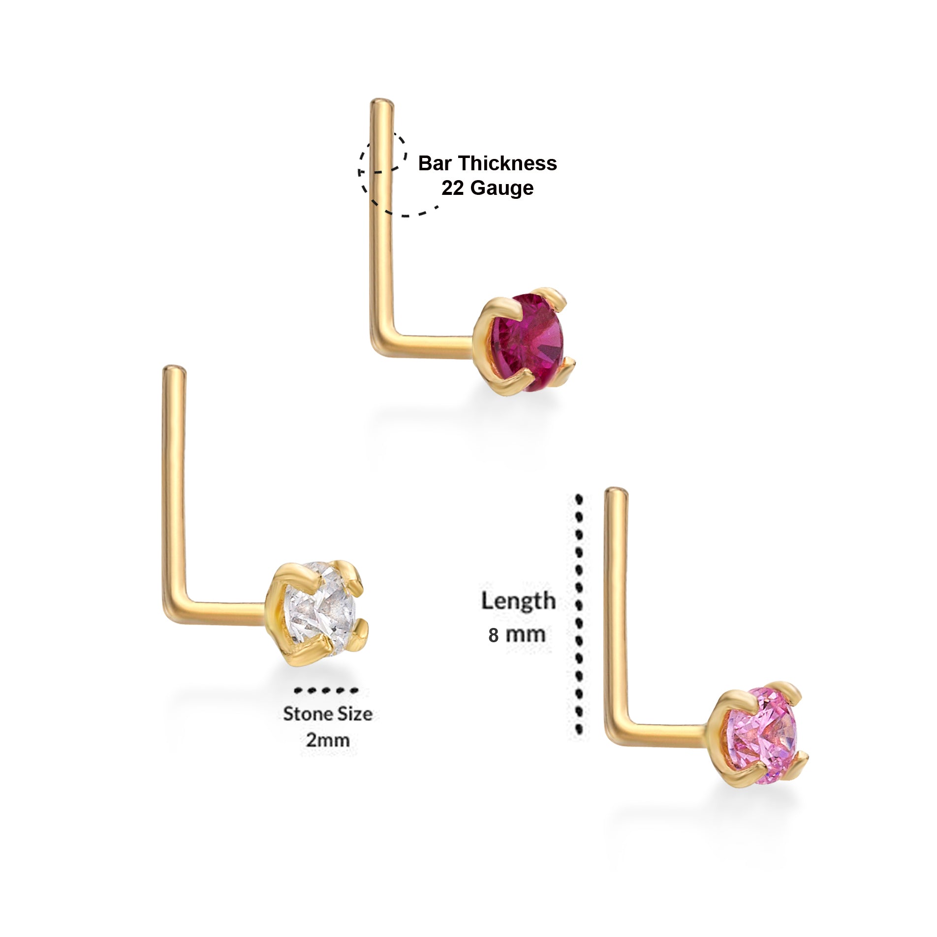 14K Gold L-Shaped Cubic Zirconia Nose Ring Set - 22G