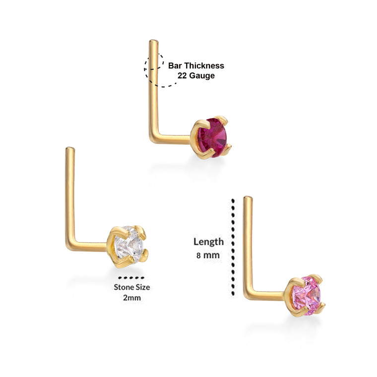 14K Gold L-Shaped Cubic Zirconia Nose Ring Set - 22G
