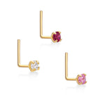 14K Gold L-Shaped Cubic Zirconia Nose Ring Set - 22G