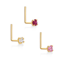 14K Gold L-Shaped Cubic Zirconia Nose Ring Set - 22G