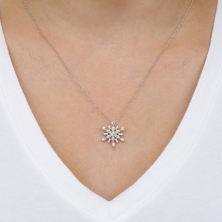 Cubic Zirconia Snowflake Pendant in Sterling Silver, 18"