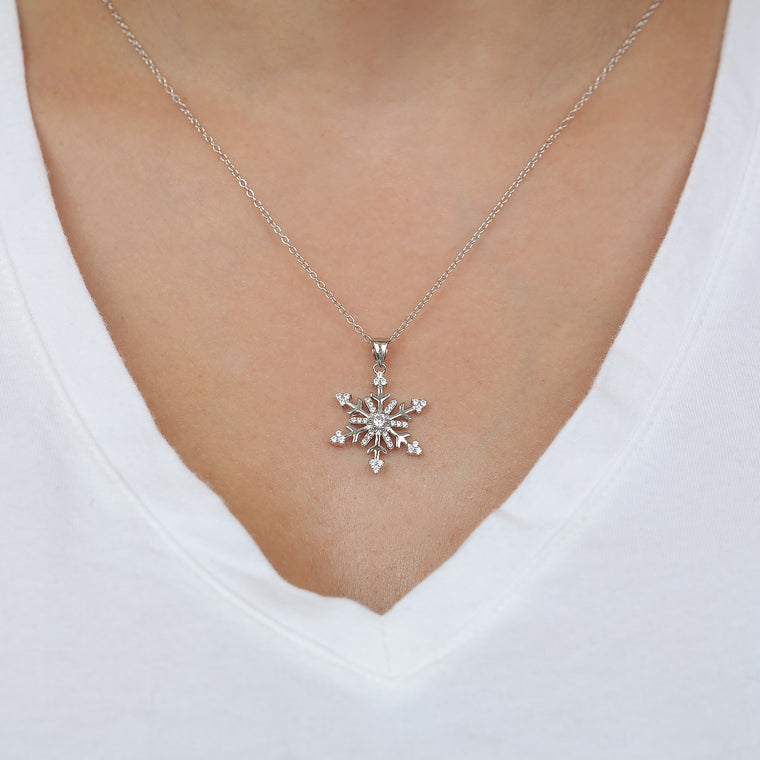 Cubic Zirconia Snowflake Pendant in Sterling Silver, 18"