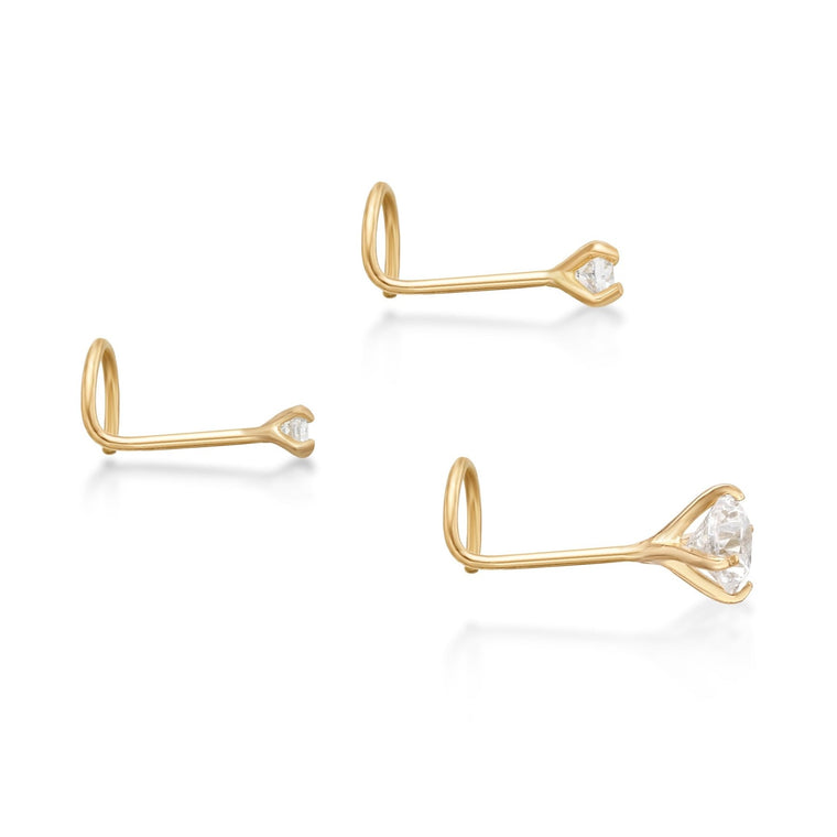 14K Gold Screw Cubic Zirconia Nose Ring Set - 22G