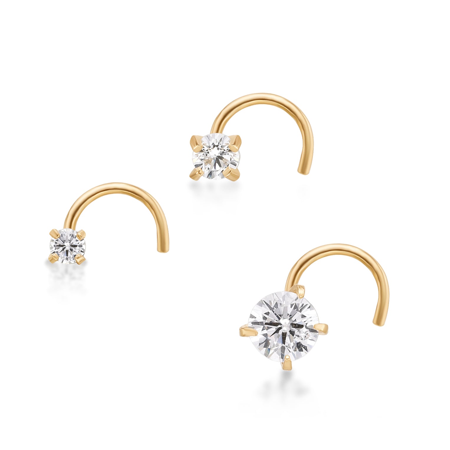 14K Gold Screw Cubic Zirconia Nose Ring Set - 22G