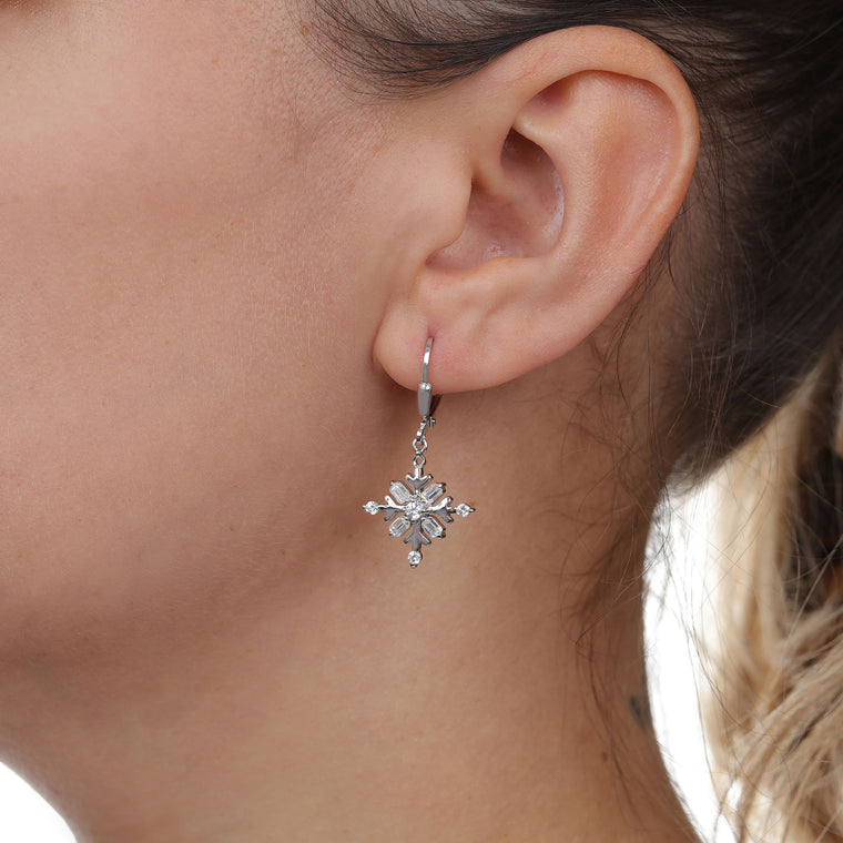 Cubic Zirconia Snowflake Leaverback Earring in Sterling Silver