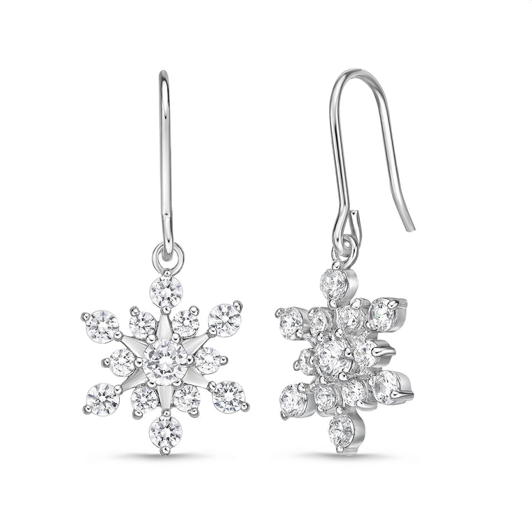Cubic Zirconia Snowflake Fishhook Earring in Sterling Silver