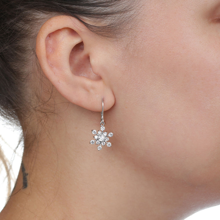 Cubic Zirconia Snowflake Fishhook Earring in Sterling Silver