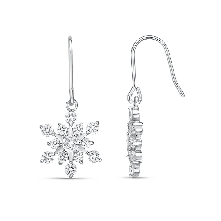 Cubic Zirconia Snowflake Fishhook Earring in Sterling Silver