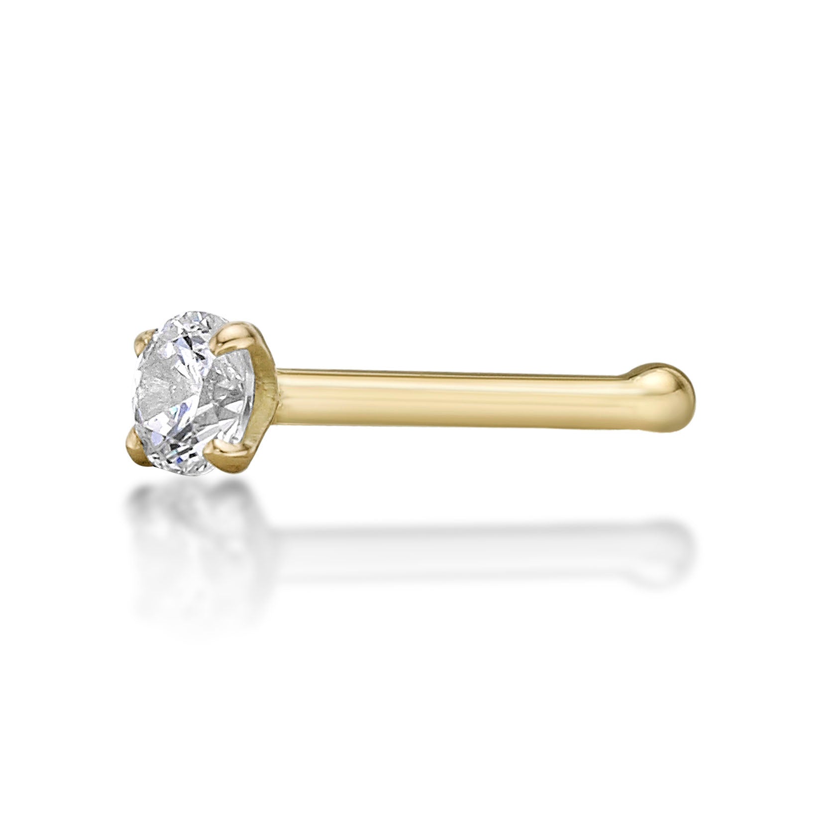 14K Gold Straight Bone Cubic Zirconia Nose Stud - 22G
